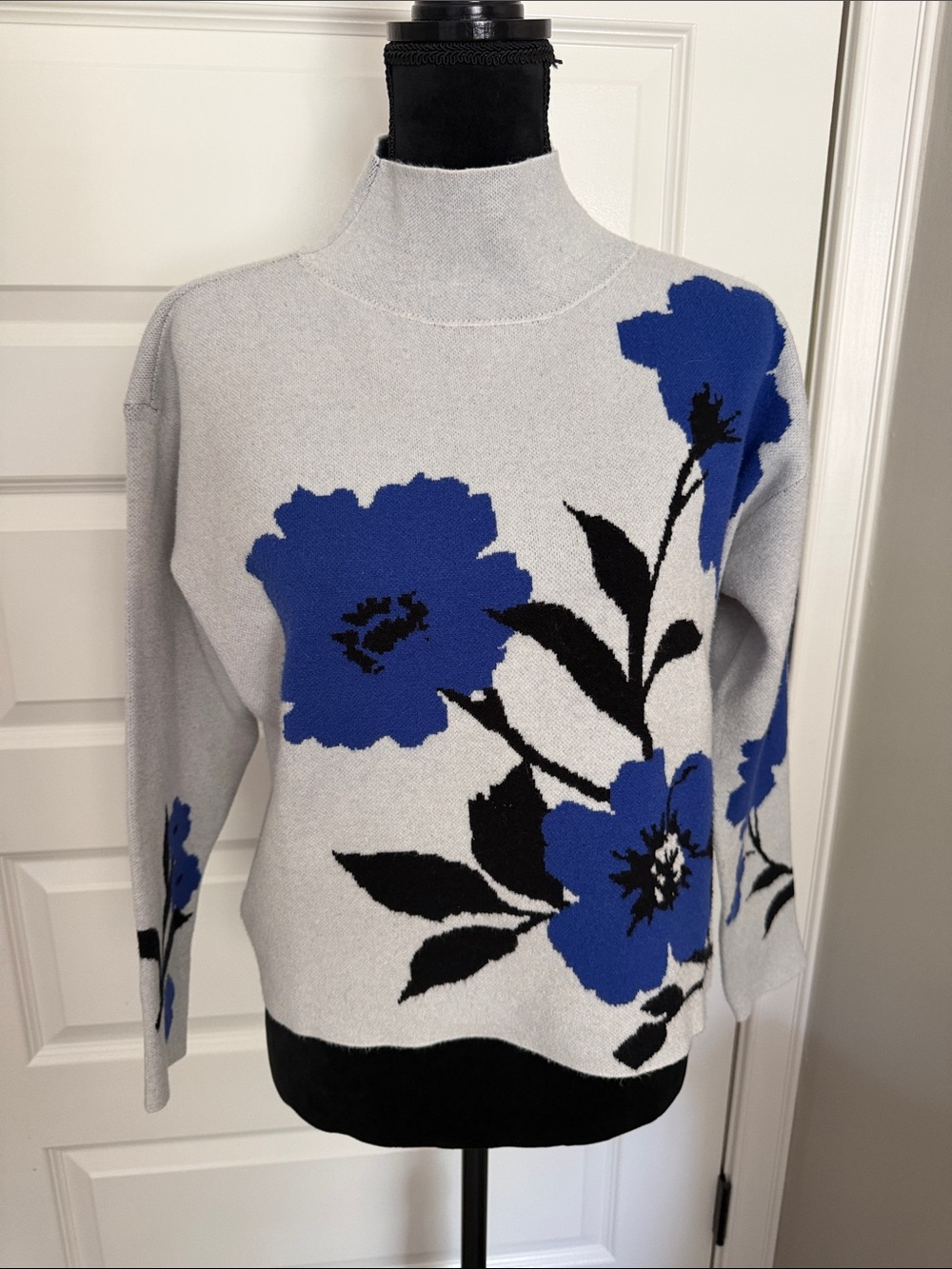Maeve Gray Mock-Neck Sweater with Bold Blue Floral Motif